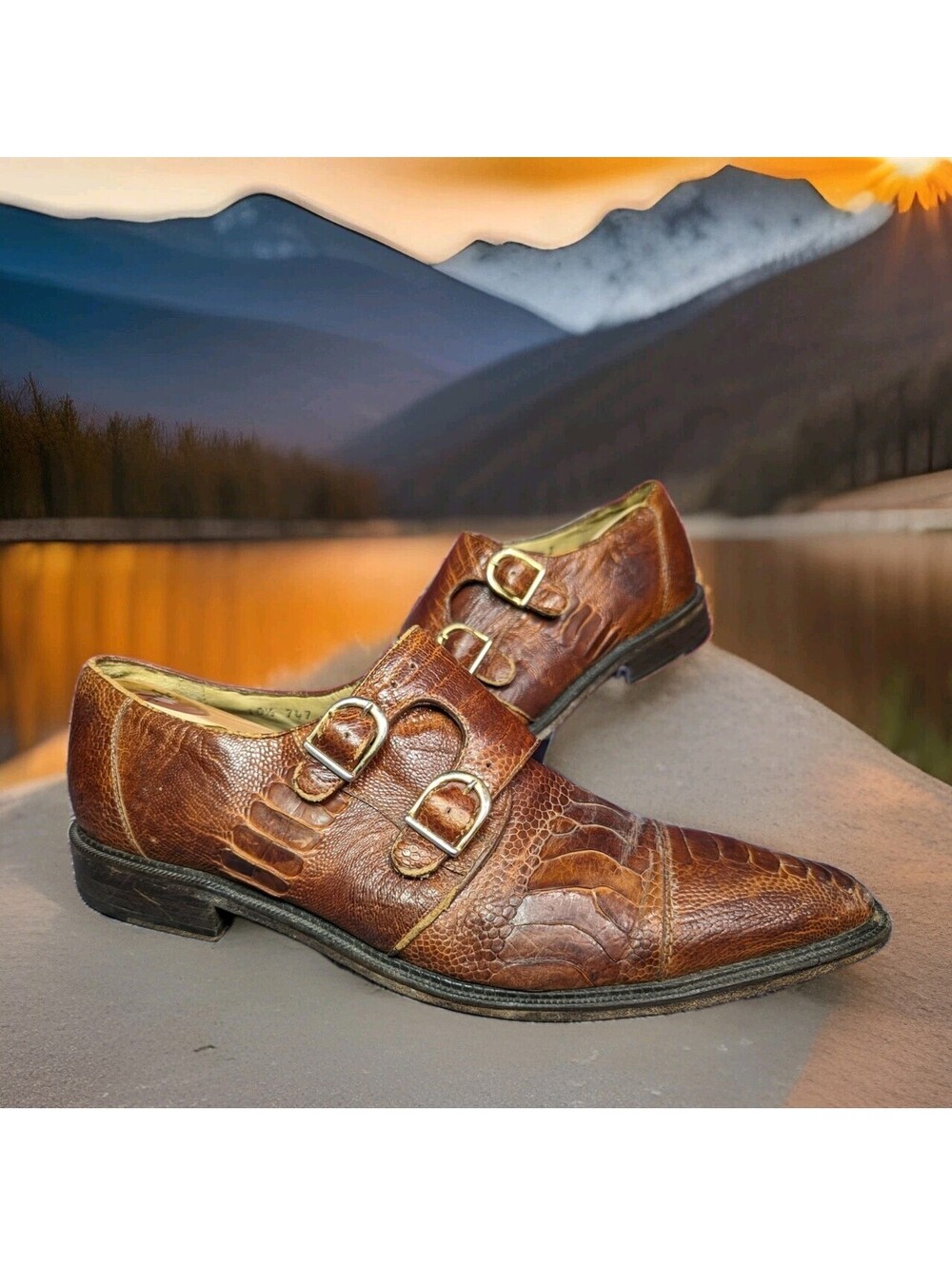 BELVEDERE Exotic Genuine Ostrich Leg Monkstrap Dress Shoes Mens 10.5 Camel Brown